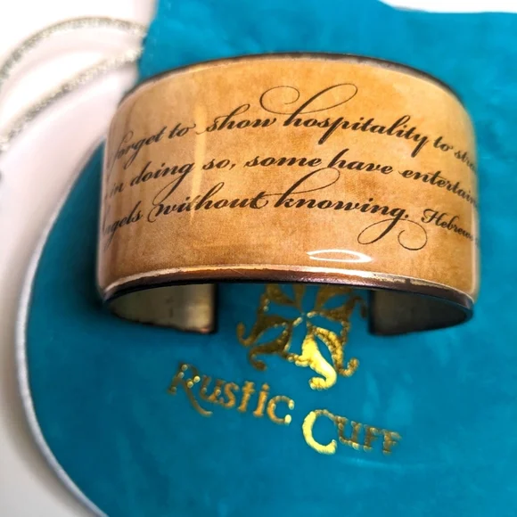 Signed Rustic Cuff Clear Resin with Inspirational Hebrews 13:2 Bible Quote - Picture 1 of 4